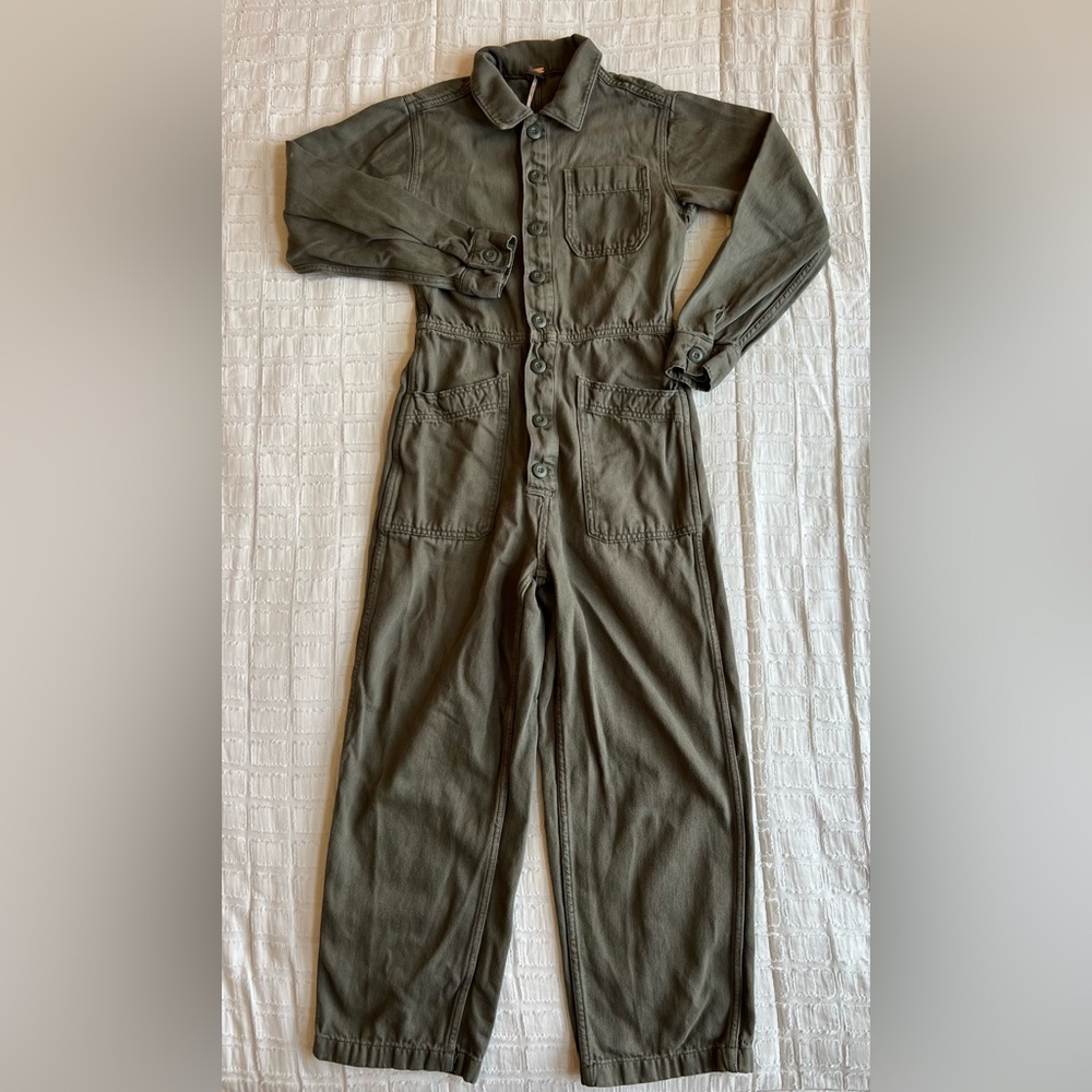 Free People Olive Green Utility Overalls Jumper Coveralls 100% Cotton Size XS